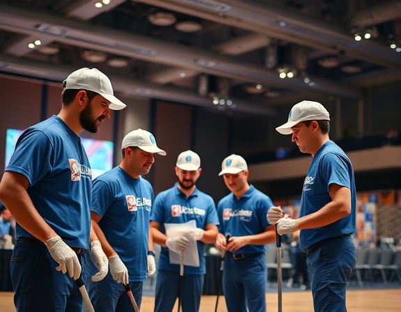 professional cleaning crew, collaborating effectively, strategizing, photorealistic, in a large event hall, highly detailed, with coordinated uniforms and logo visibility, 85mm portrait lens, ambient and overhanging lights, shot with a Canon EOS 90D