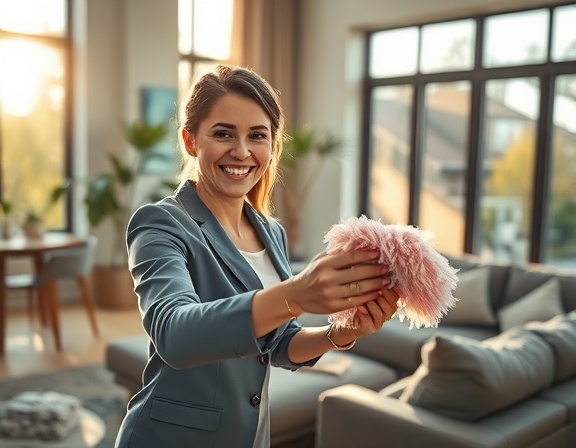 sparkling cleaning spot, cheerful expression, dusting skillfully, photorealistic, in a modern living room setting, highly detailed, sunlight streaming through large windows adding shimmer, captured with soft focus, warm and welcoming colors, morning light, shot with a 50mm lens.
