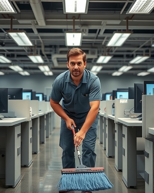 busy cleaning service area, determined expression, sweeping efficiently, photorealistic, situated in an office space with lots of cubicles, highly detailed, reflections from computers screens, detailed textures highlighted, cool undertones, overhead fluorescent lighting, shot with a 24mm wide-angle lens.