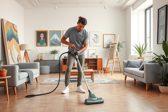 organized cleaning location, professional expression, vacuuming meticulously, photorealistic, inside a spacious open-plan studio, highly detailed, art pieces and furniture framing the scene perfectly, bright colors, enhanced by soft ambient lighting, shot with an 85mm prime lens.