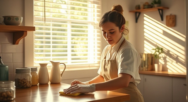serene service area, relaxed expression, methodically wiping surfaces, photorealistic, bathed in warm sunlight through venetian blinds in a cozy cottage environment, highly detailed, specular highlights on polished wood, pastel colors, dappled lighting, shot with a 105mm macro lens.