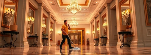 dynamic cleaning service location, energetic expression, mopping swiftly, photorealistic, in a high-end hotel lobby with luxurious details, highly detailed, ornate decor reflecting light elegantly, neutral shades with gold accents, chandelier lighting, shot with a 70-200mm telephoto lens.