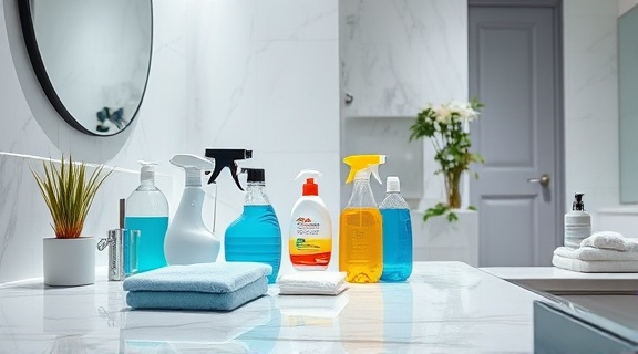 variety of home cleaning supplies, neatly arranged, preparing to clean, photorealistic, spacious minimalist bathroom with marble countertops, highly detailed, reflections and shadows, ultra HD, cool tones, diffused overhead lighting, shot with a macro lens.