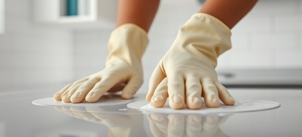 cleaner's hands with gloves, meticulous, scrubbing surfaces, photorealistic, tidy kitchen with bright backsplash, highly detailed, foam and suds, 8K definition, soft pastels, ambient lighting, shot with a close-up lens.