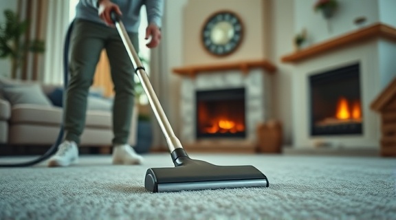 professional cleaning equipment in operation, energetic, vacuuming the carpet, photorealistic, cozy living room with a fireplace, highly detailed, motion blur, 5K quality, neutral colors, diffused sunlight, shot with a telephoto lens.