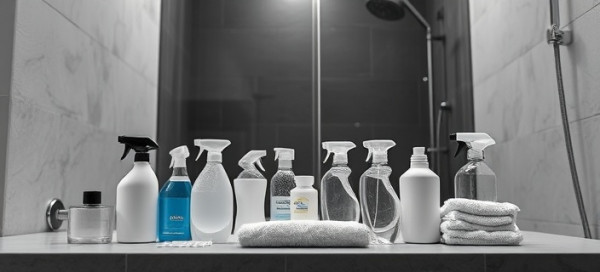 assortment of cleaning supplies, ready for use, strategizing, photorealistic, sleek modern bathroom with glass shower, highly detailed, reflections and light scattering, crystal clear resolution, monochrome palette, LED lighting, shot with a prime lens.