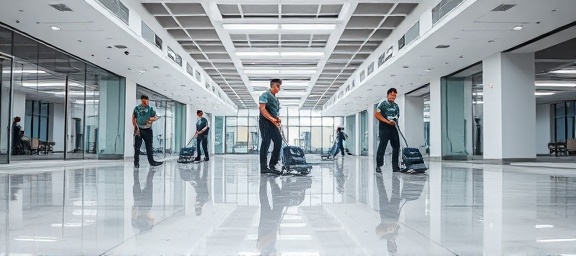 group of cleaners with advanced equipment, synchronized, polishing floors, photorealistic, expansive open-plan office space, highly detailed, glossy reflections, supreme clarity, cool grays, fluorescent ceiling light, shot with a zoom lens.