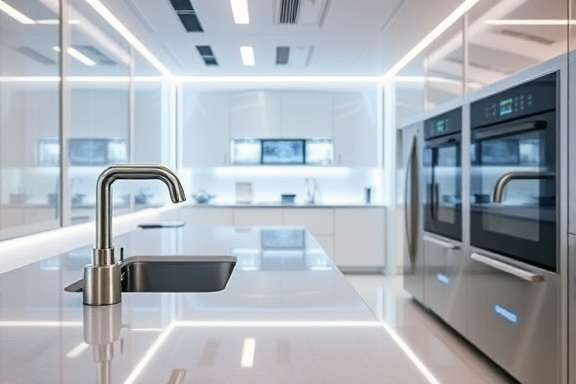 high-tech cleaning gadgets, futuristic, disinfecting surfaces, photorealistic, ultramodern kitchen with smart appliances, highly detailed, sleek design and interface, ultra high-definition, metallic shades, focused beam lighting, shot with a close-range lens.