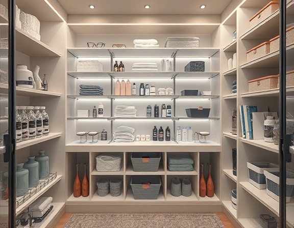 elegant organization of cleaning supplies, aesthetic, creating an arrangement, photorealistic, lavish closet space with built-in shelves, highly detailed, orderly arrangement, excellent resolution, subtle shades, ambient LED strip lighting, shot with a tilt-shift lens.