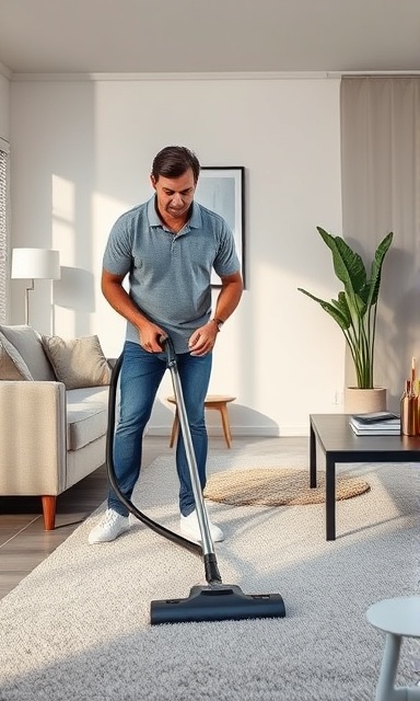 cleaning workflow, determined expression, vacuuming carpets, photorealistic, a modern living room with minimalist decor, highly detailed, shadows cast by furniture, precise composition, neutral tones, soft lighting, shot with a 28mm lens.