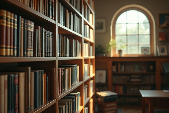cleaning cycle, content expression, organizing books on a shelf, photorealistic, a home library with wooden furniture, highly detailed, floating dust motes in sunlight, rich texture, earthy tones, gentle lighting, shot with a 85mm lens.