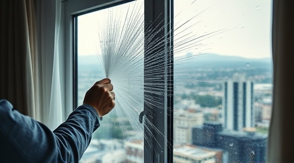 cleaning procedure, focused expression, washing windows, photorealistic, an urban apartment with a city view, highly detailed, streaks of light on the panes, crisp clarity, vibrant tones, direct lighting, shot with a 70mm lens.