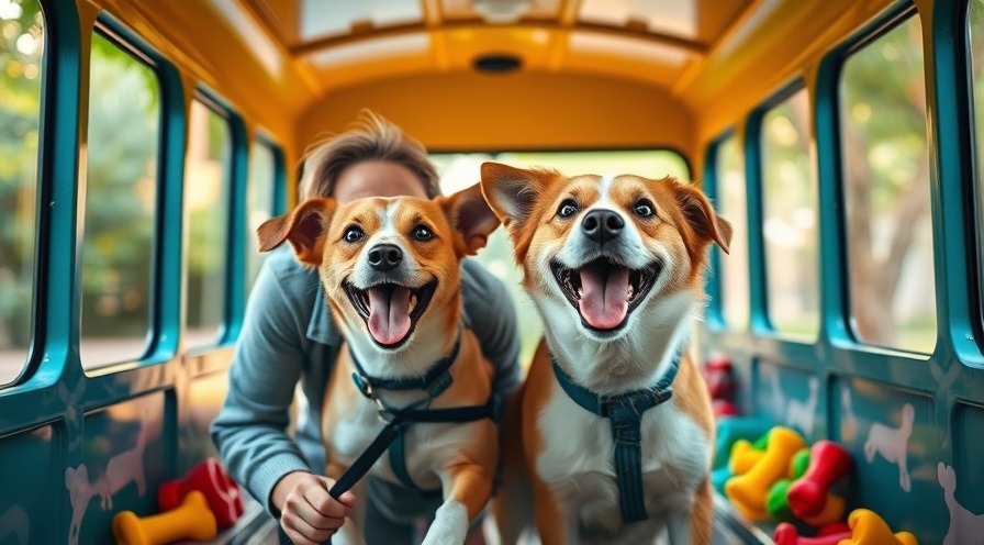 Happy dog owner and excited pup in vibrant dog park shuttle for Raleigh daycare.