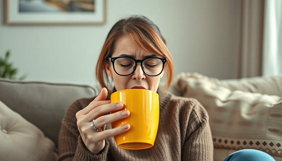 Tired woman holding a mug, yawning in the morning.