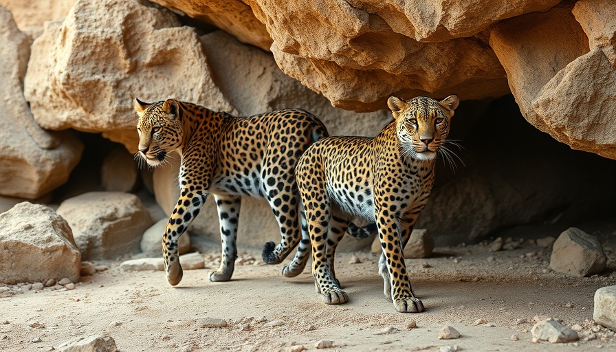 Leopard duo in cave, one standing, one walking, natural lighting.