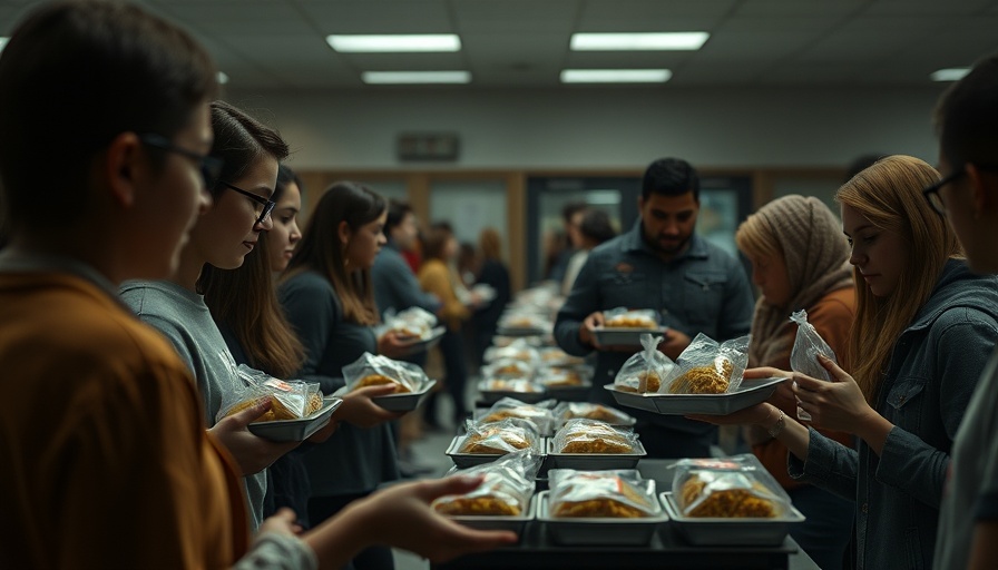 Dimly lit cafeteria scene highlighting federal funding cuts on school lunch.