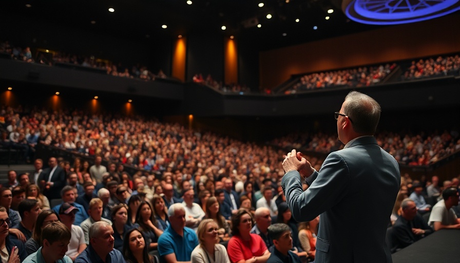 Large auditorium with a speaker engaging a vast audience about career development programs and opportunities tailored for recent graduates in AI.