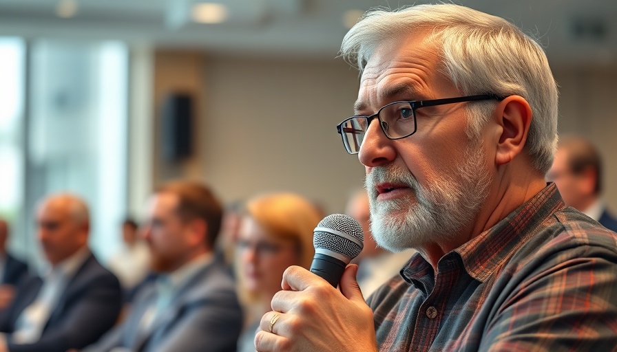 Focused older man in a conference room holding a microphone discussing the federal workforce cuts impact on North Carolina.