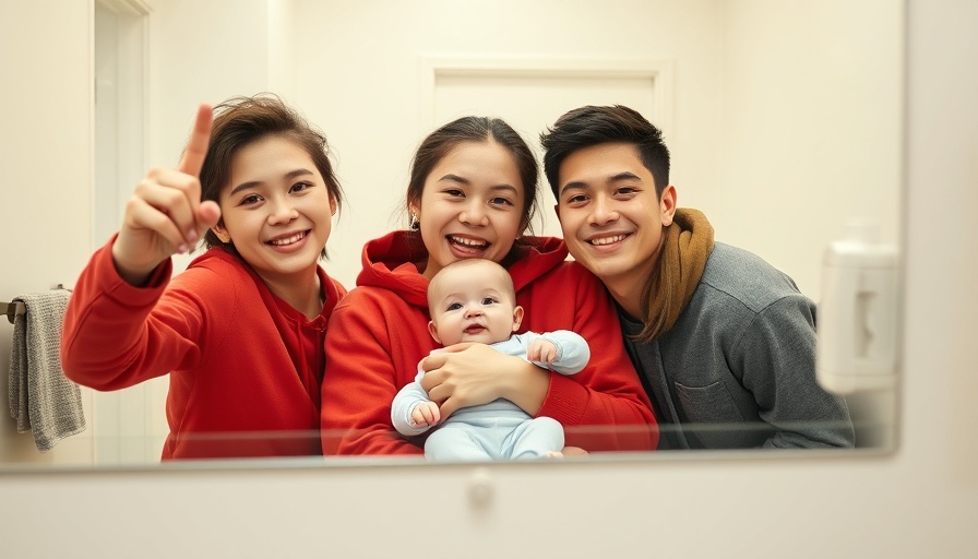 Family mirror selfie in a bathroom, warm atmosphere