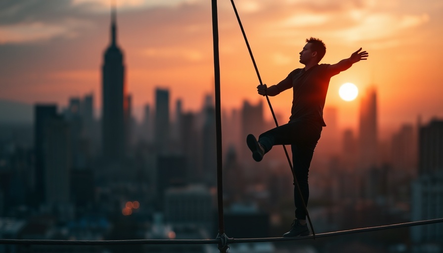 Tightrope walker balancing at sunset, urban skyline.