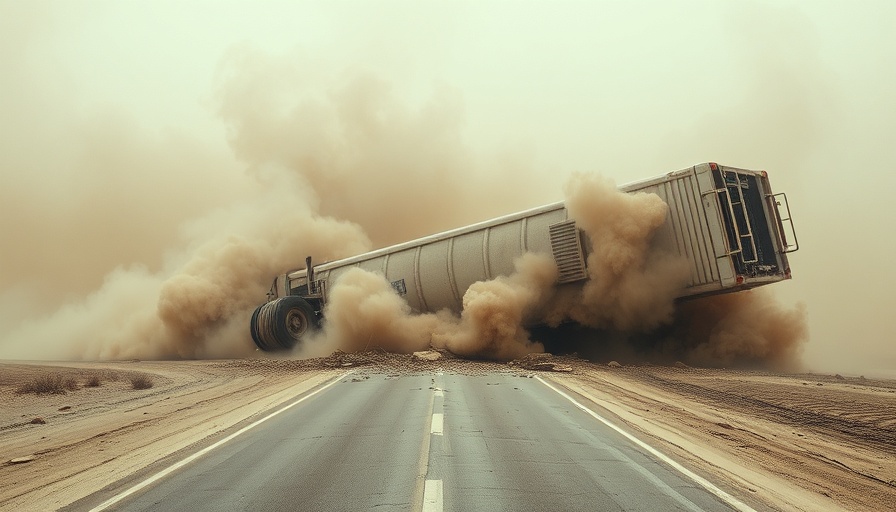 Severe dust storm overturning truck on highway in chaotic scene.