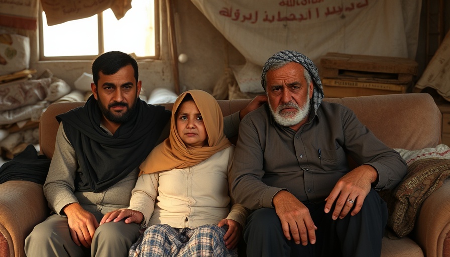 Family surviving in Gaza conflict, sitting together.