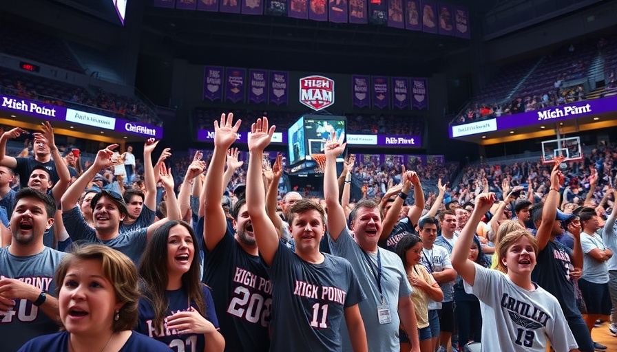 High Point University fans reacting to March Madness Selection Sunday in a packed stadium.