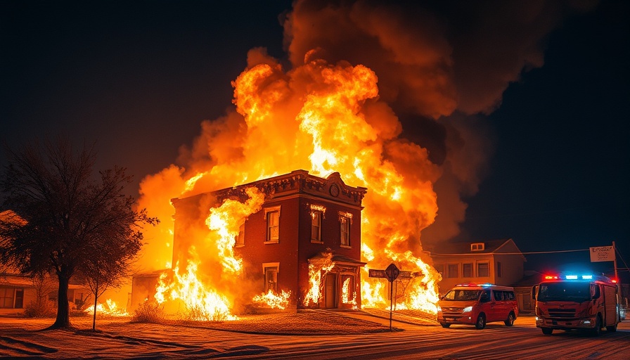 Beech Mountain Fire engulfing structure at night with emergency lights.