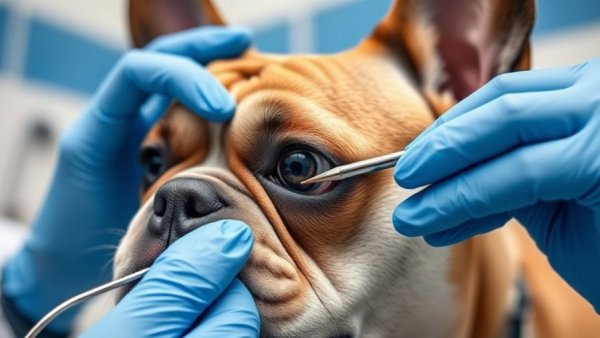 Veterinarian checks symptoms of uveitis in dog's eye.