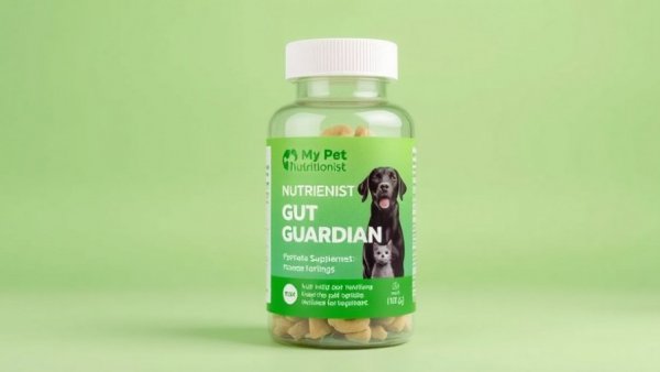 Pet food supplement bottle labeled 'Gut Guardian' with dog and cat image