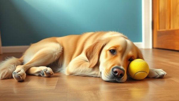 Senior Golden Retriever resting near tennis ball, senior dog health issues concept.