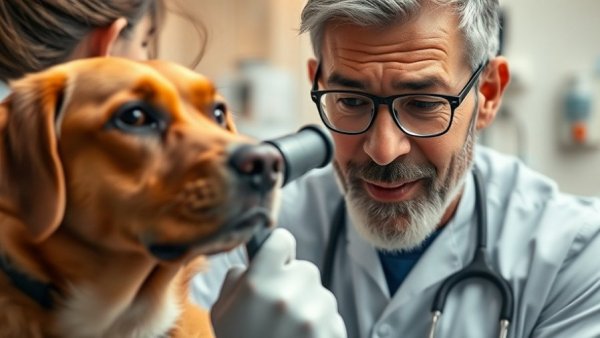 Veterinarian examines dog for signs of ear infections in dogs
