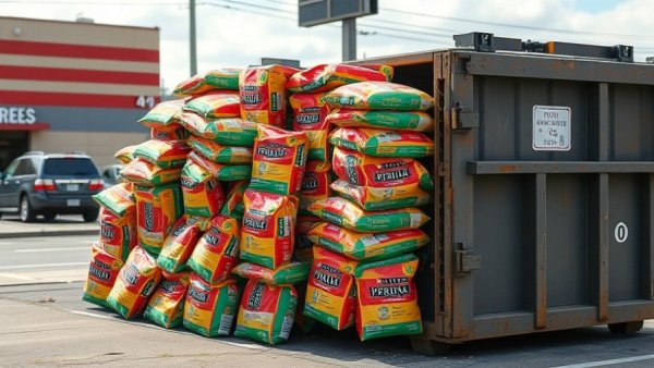 Abandoned Purina pet foods in dumpster, urban area, industrial site.