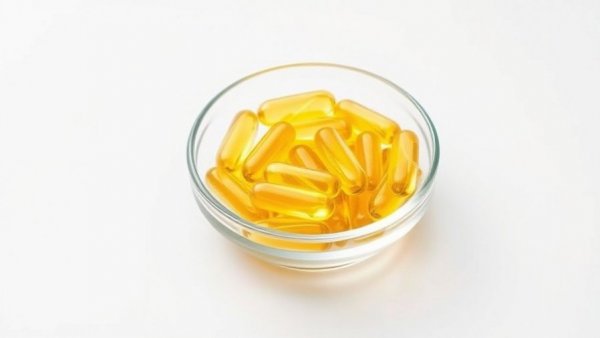 Bowl of yellow fish oil capsules on a white surface.