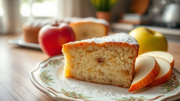 Slice of apple cake with powdered sugar and apple slices.