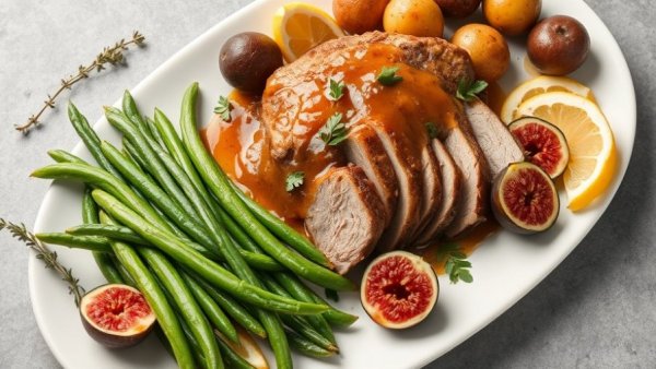 Garnished pork shoulder with fig sauce, green beans, potatoes, figs.