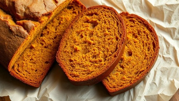 Slices of healthy pumpkin bread on parchment paper, moist texture.