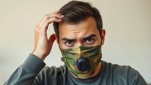 Man feeling unwell wearing mask, touching forehead indoors, winter illnesses prevention.