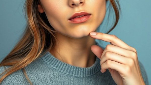 Young woman touching her throat, observing hypothyroidism signs.