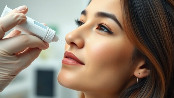 Woman receiving nasal spray treatment for chronic sinus congestion.
