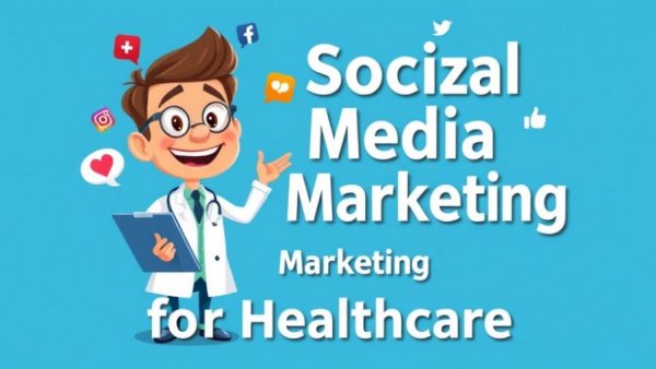 Illustration of social media marketing for healthcare with a doctor and icons.