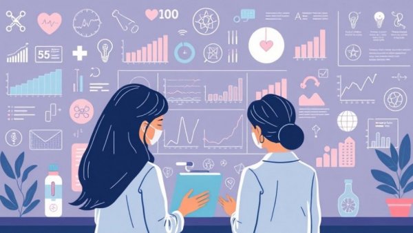 Healthcare Data Visualization with medical symbols and professionals.