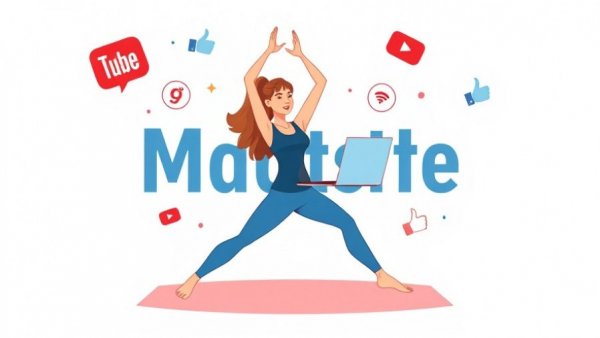 Illustration on YouTube marketing for yoga instructors with digital icons.