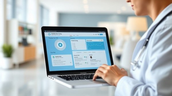 Doctor using healthcare CRM software on laptop in modern office.