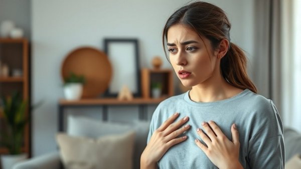 Woman with mysterious breathing issues in modern living room.