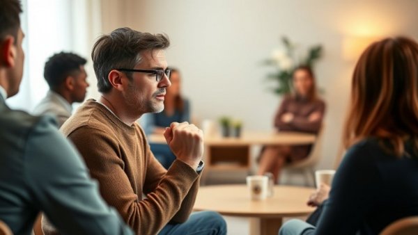 Anxious man showing signs that your addiction requires treatment, in therapy.