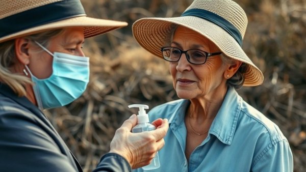 Mature woman in mask receiving sanitizer in remote health care setting.