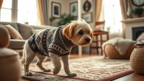 Keeping Senior Dogs Healthy This Winter: Elderly dog in cozy sweater on sofa.