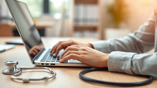 Doctor typing on laptop with stethoscope, highlighting tax mistakes doctors make.