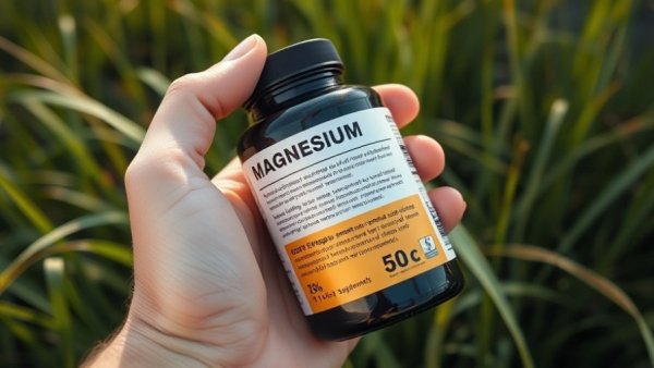 Container of magnesium supplement held in hand, outdoors.